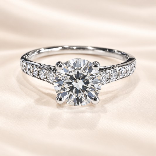 Elegant Moissanite solitaire ring in 925 silver with 6.5 mm round brilliant-cut stone. White gold-plated, hypoallergenic and radiant. Now at BSI Jewelry.