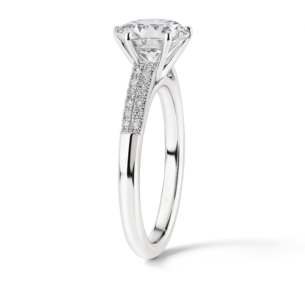 Elegant Moissanite solitaire ring in 925 silver with 8mm round brilliant cut. White gold plated, hypoallergenic, crafted for radiant sparkle and timeless style.