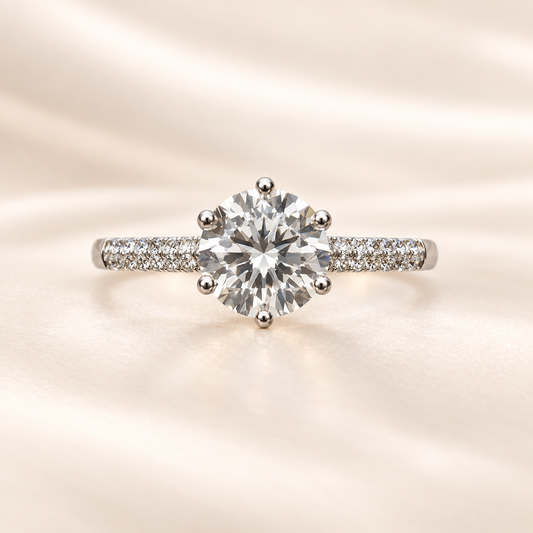 Elegant Moissanite solitaire ring in 925 silver with 8mm round brilliant cut. White gold plated, hypoallergenic, crafted for radiant sparkle and timeless style.