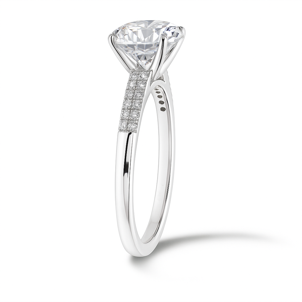 Brilliant Moissanite solitaire ring with 8 mm round-cut stone in white gold-plated 925 silver. Radiant sparkle and hypoallergenic comfort. Available at BSI Jewelry.