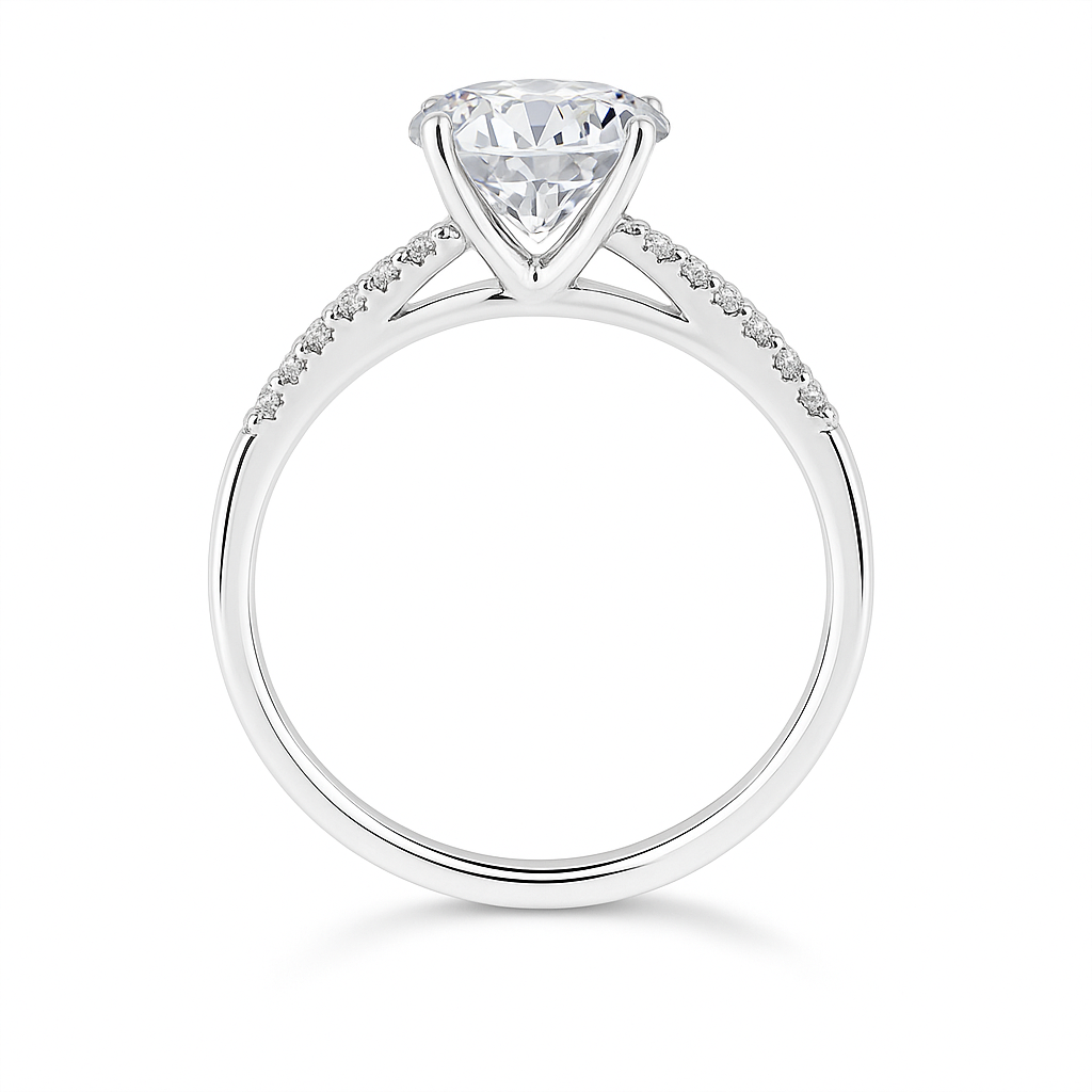 Brilliant Moissanite solitaire ring with 8 mm round-cut stone in white gold-plated 925 silver. Radiant sparkle and hypoallergenic comfort. Available at BSI Jewelry.