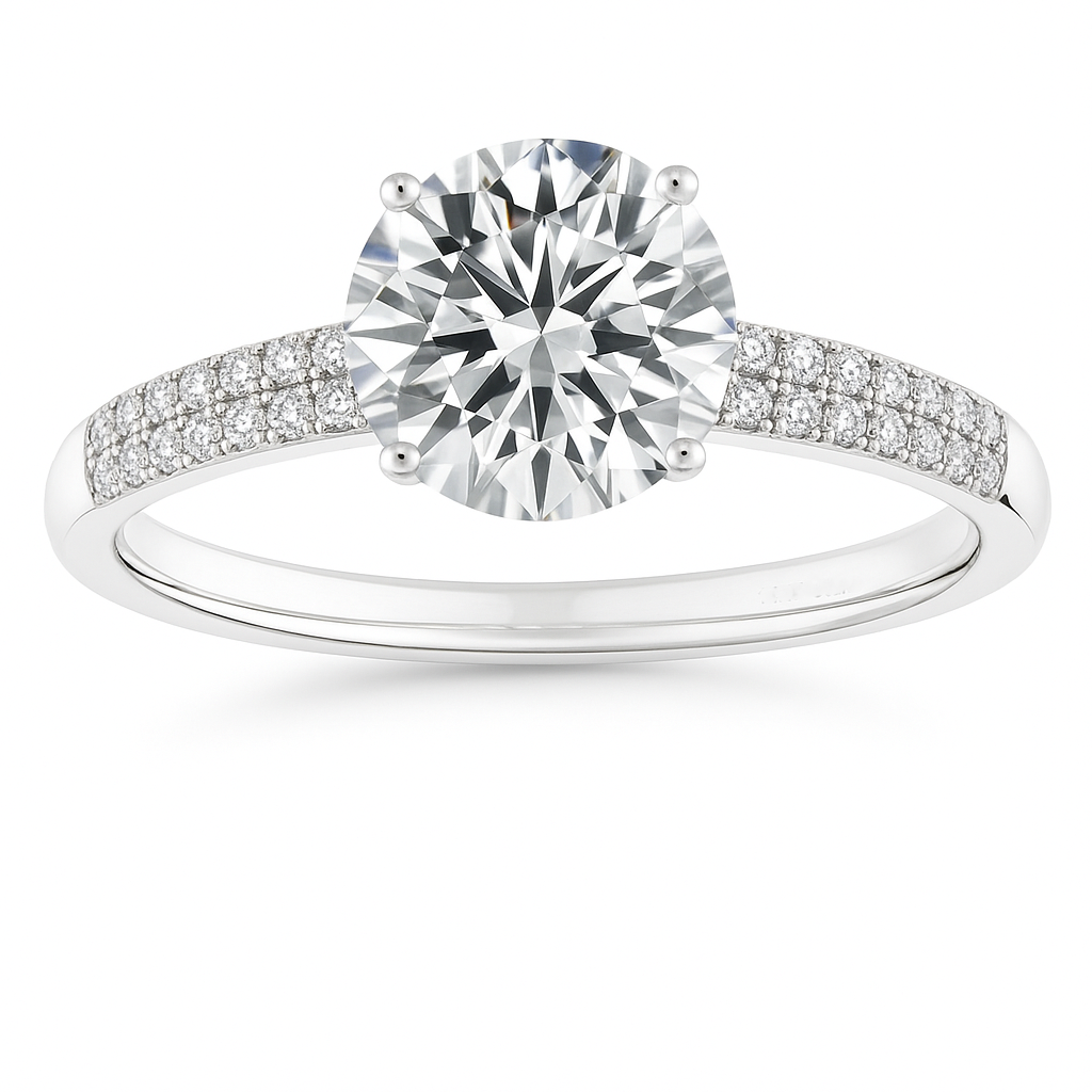 Brilliant Moissanite solitaire ring with 8 mm round stone in white gold-plated 925 silver. Radiant sparkle and hypoallergenic comfort. Available at BSI Jewelry.
