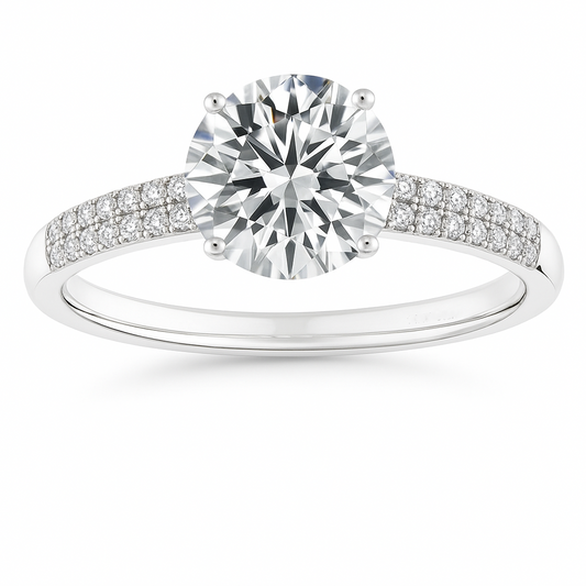 Brilliant Moissanite solitaire ring with 8 mm round stone in white gold-plated 925 silver. Radiant sparkle and hypoallergenic comfort. Available at BSI Jewelry.