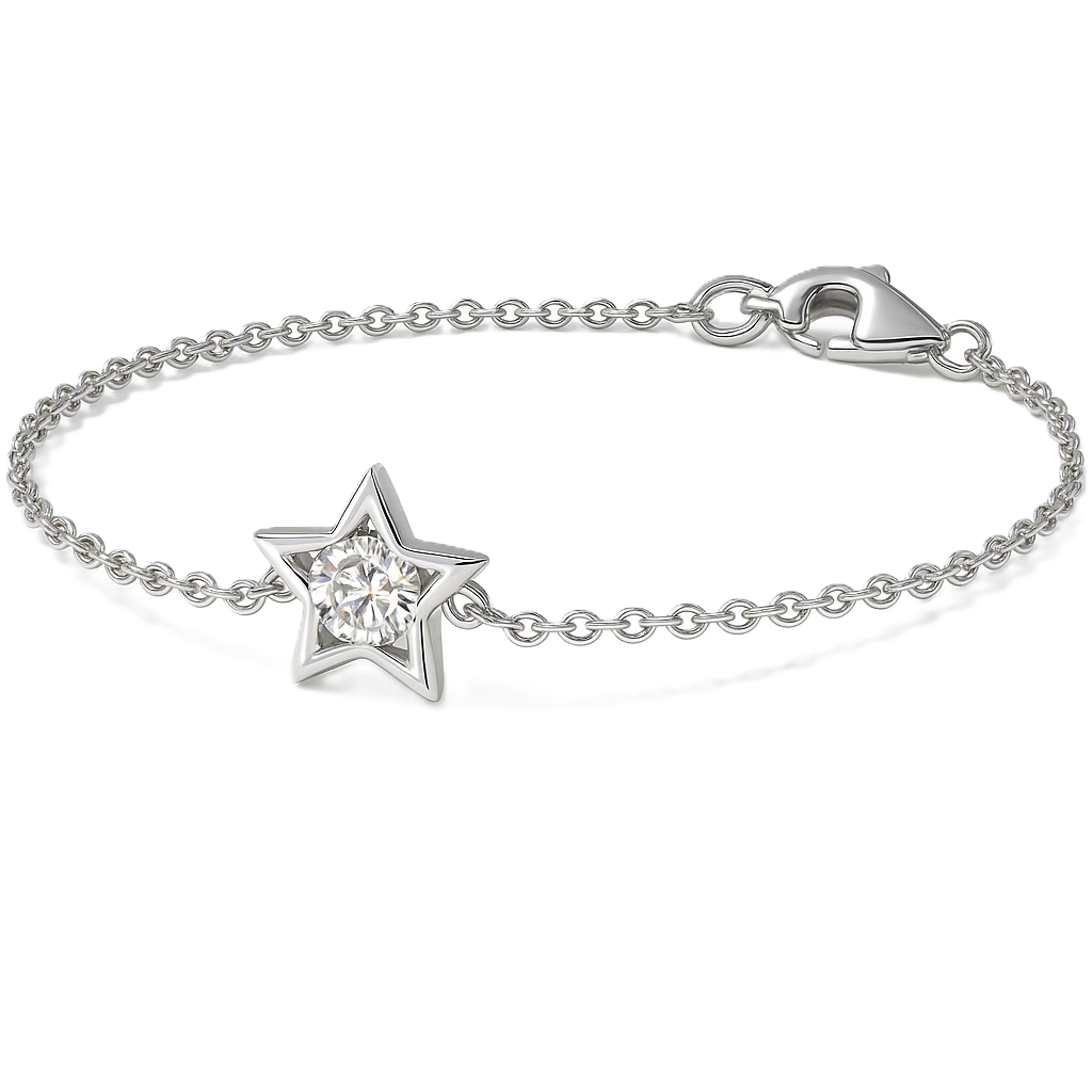 Dazzling Moissanite star bracelet with 3mm round brilliant stone, crafted in white-gold-plated 925 silver. A sparkling daily wear. Available now at BSI Jewelry.