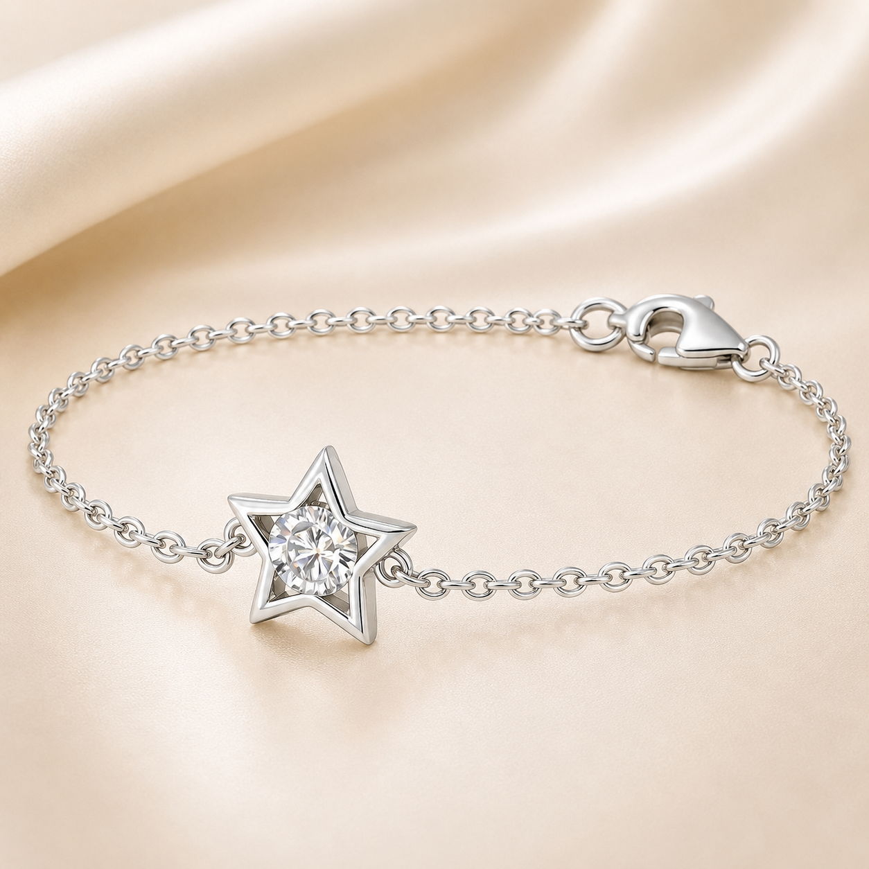 Dazzling Moissanite star bracelet with 3mm round brilliant stone, crafted in white-gold-plated 925 silver. A sparkling daily wear. Available now at BSI Jewelry.