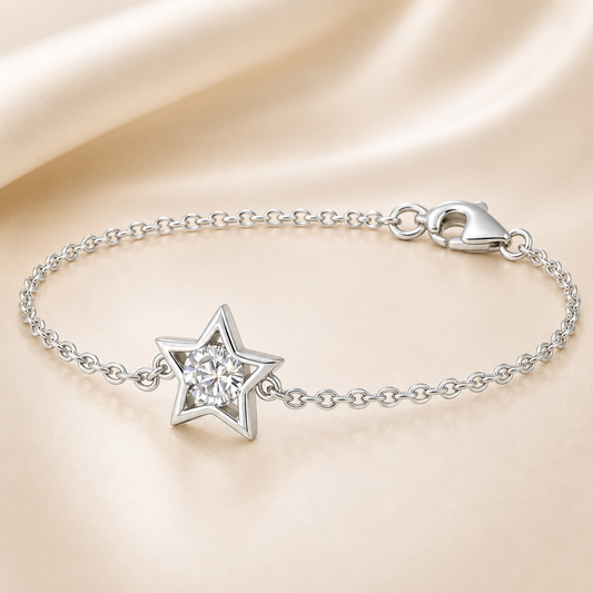 Dazzling Moissanite star bracelet with 3mm round brilliant stone, crafted in white-gold-plated 925 silver. A sparkling daily wear. Available now at BSI Jewelry.