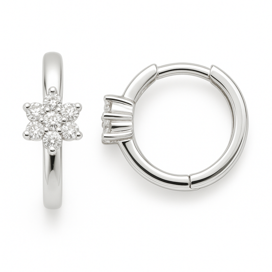 Moissanite star huggie earrings in 925 silver with a star cluster. Sparkling design adding charm and brilliance to everyday style. Available now at BSI Jewelry.