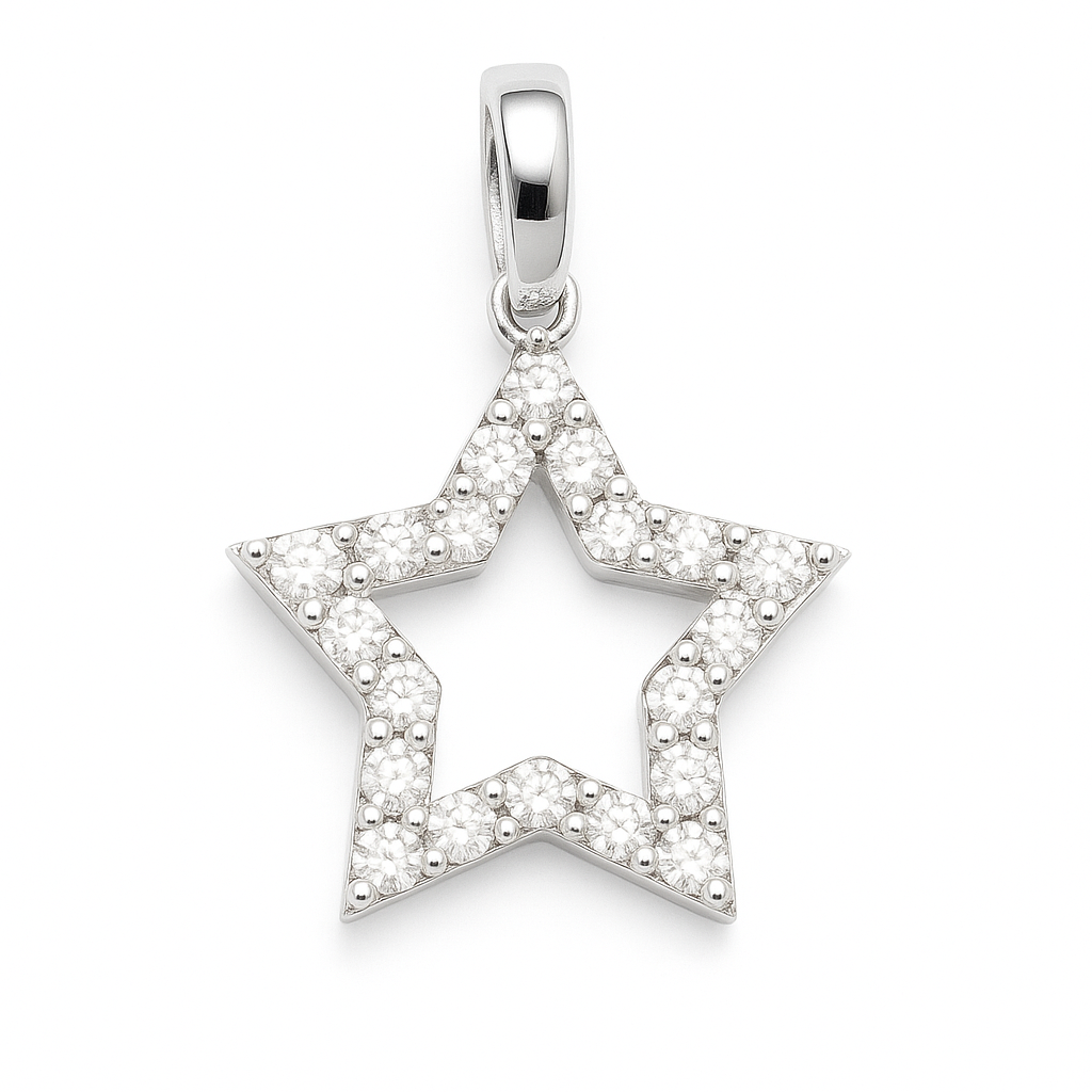 Brilliant Moissanite star pendant in 925 silver with pavé sparkle for radiant elegance. Hypoallergenic, finely crafted, and timeless. Available at BSI Jewelry.