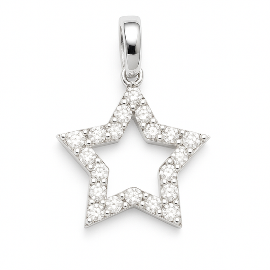 Brilliant Moissanite star pendant in 925 silver with pavé sparkle for radiant elegance. Hypoallergenic, finely crafted, and timeless. Available at BSI Jewelry.