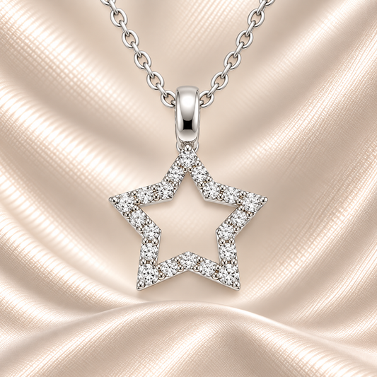 Brilliant Moissanite star pendant in 925 silver with pavé sparkle for radiant elegance. Hypoallergenic, finely crafted, and timeless. Available at BSI Jewelry.