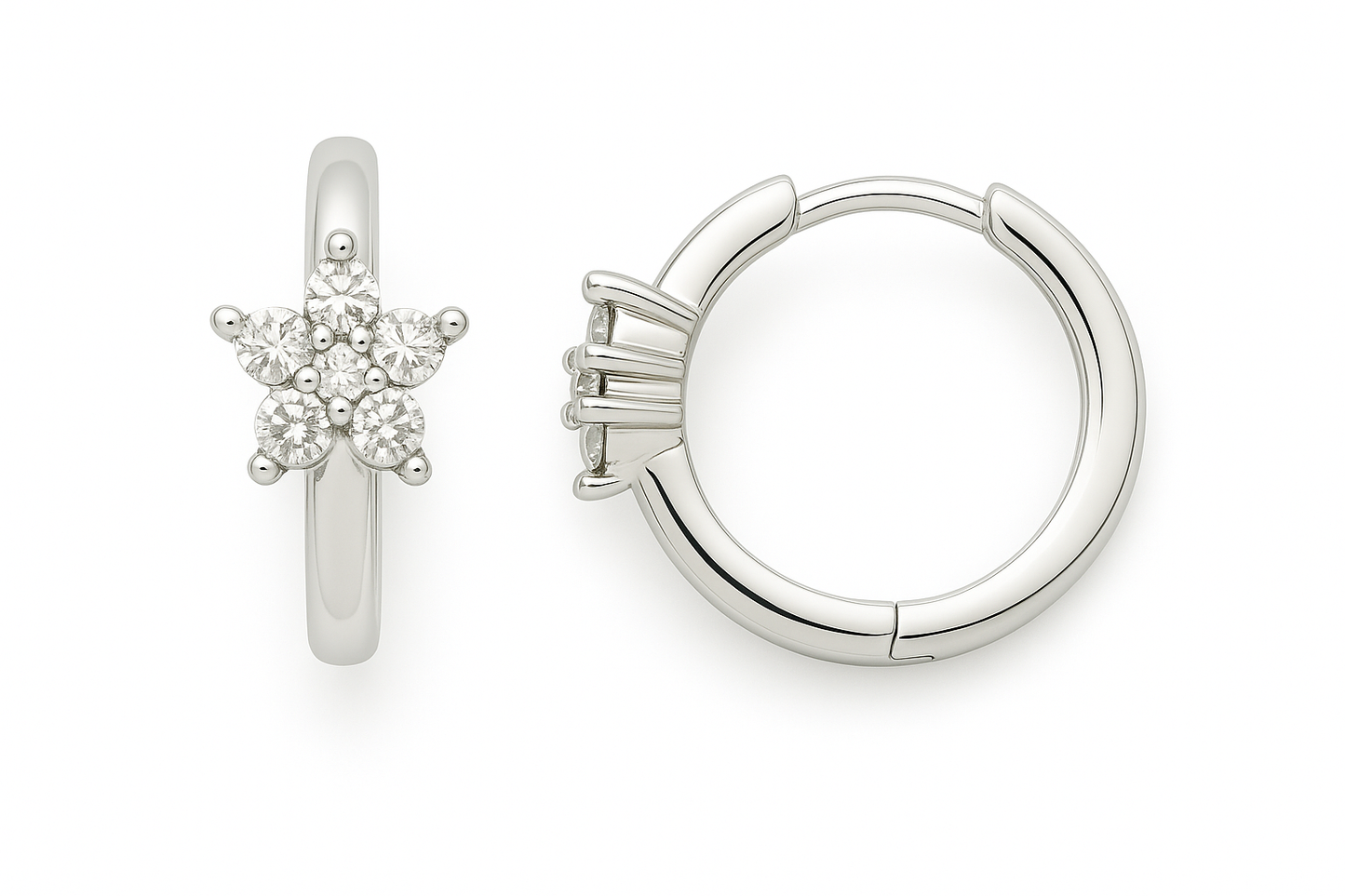 Moissanite starburst huggie earrings in 925 silver, featuring a radiant cluster design. A dazzling statement of elegance and charm. Available now at BSI Jewelry.