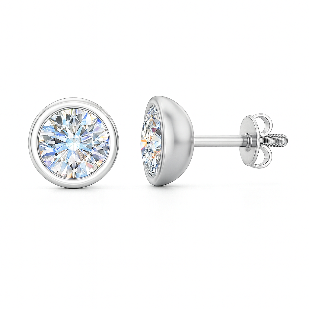Delicate 2.5mm Moissanite stud earrings in sleek bezel design, crafted in white gold-plated 925 silver with hypoallergenic comfort. Available now at BSI Jewelry.