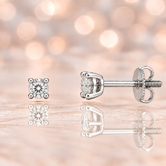 Classic 3mm Moissanite stud earrings in 4-prong design, crafted in white gold-plated 925 silver with hypoallergenic comfort. Available now at BSI Jewelry.