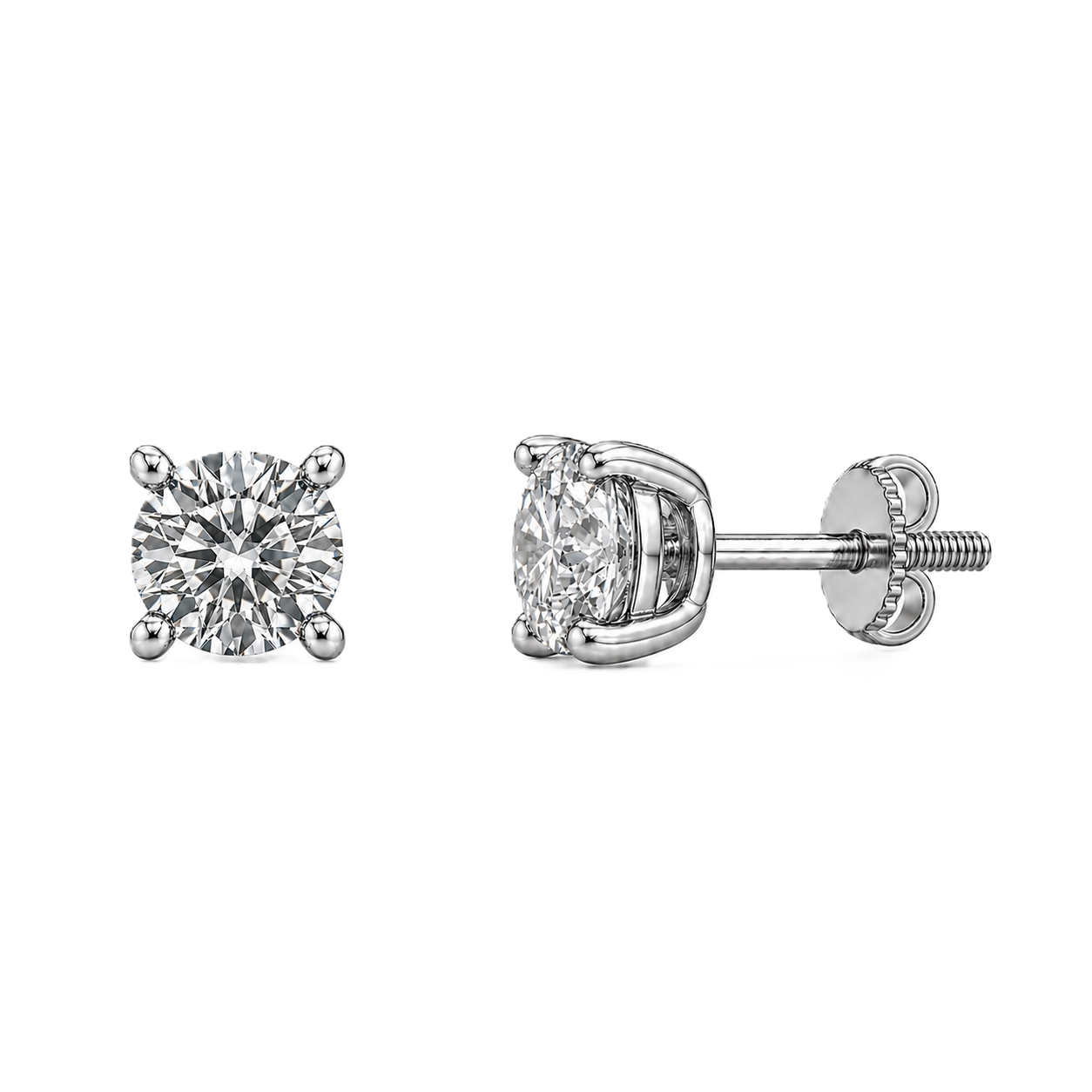 Classic 3mm Moissanite stud earrings in 4-prong design, crafted in white gold-plated 925 silver with hypoallergenic comfort. Available now at BSI Jewelry.