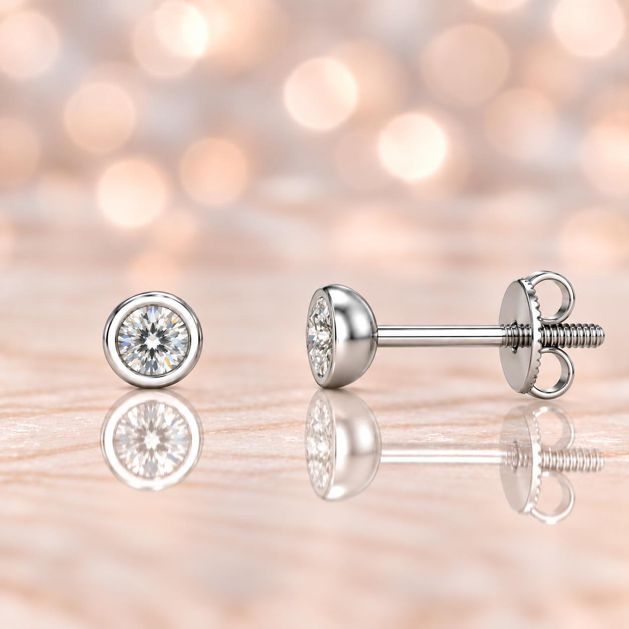Classic 3mm Moissanite stud earrings in refined bezel design, crafted in white gold-plated 925 silver with hypoallergenic comfort. Available now at BSI Jewelry.