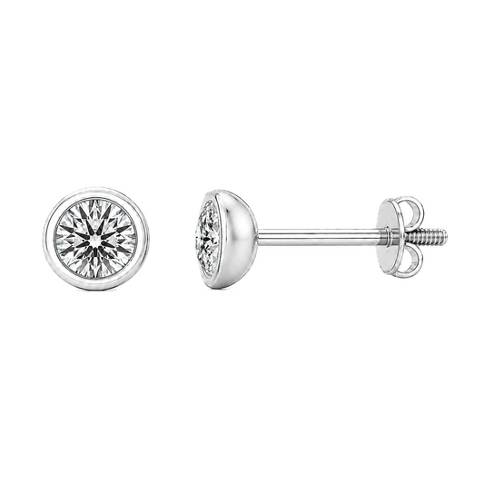 Classic 3mm Moissanite stud earrings in refined bezel design, crafted in white gold-plated 925 silver with hypoallergenic comfort. Available now at BSI Jewelry.