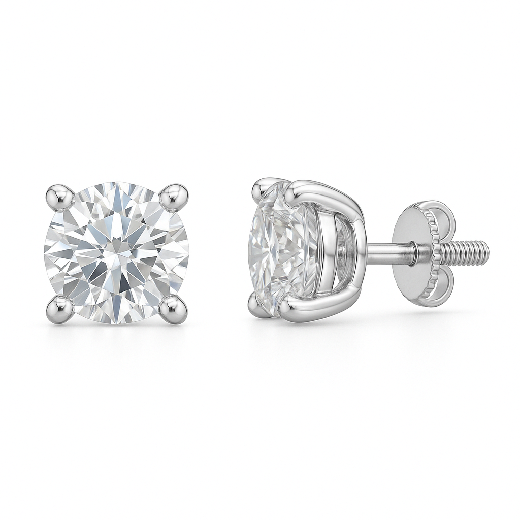 Elegant 3.4mm Moissanite stud earrings in 4-prong design, crafted in white gold-plated 925 silver with hypoallergenic comfort. Available now at BSI Jewelry.