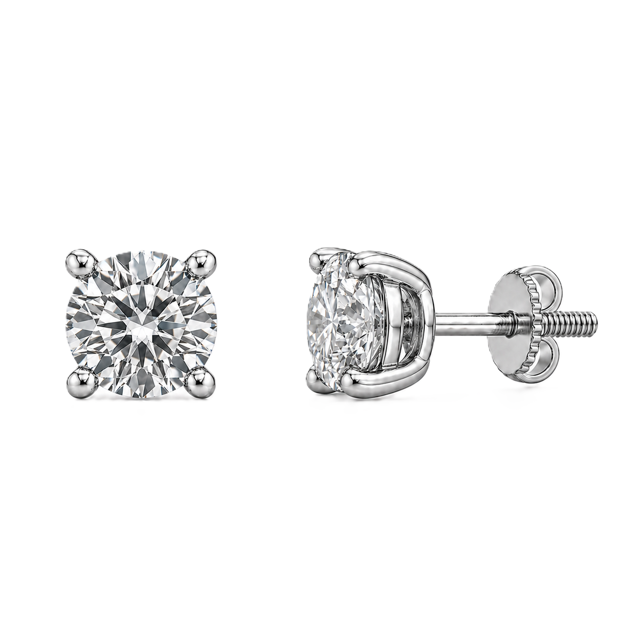 Graceful 3.8mm Moissanite stud earrings in 4-prong design, crafted in white gold-plated 925 silver with hypoallergenic comfort. Available now at BSI Jewelry.