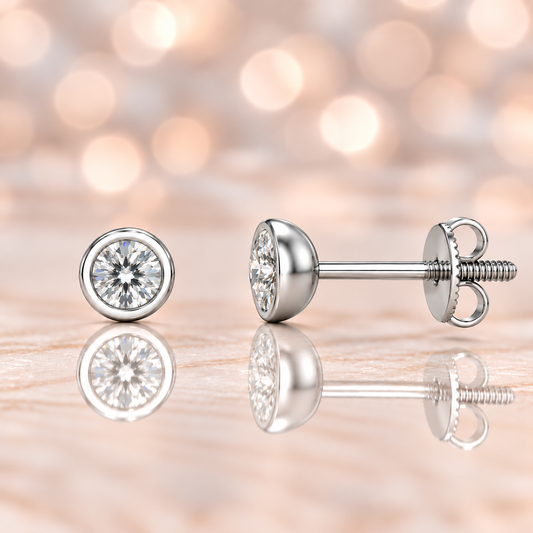 Graceful 3.8mm Moissanite stud earrings in modern bezel design, crafted in white gold-plated 925 silver with hypoallergenic comfort. Available at BSI Jewelry.