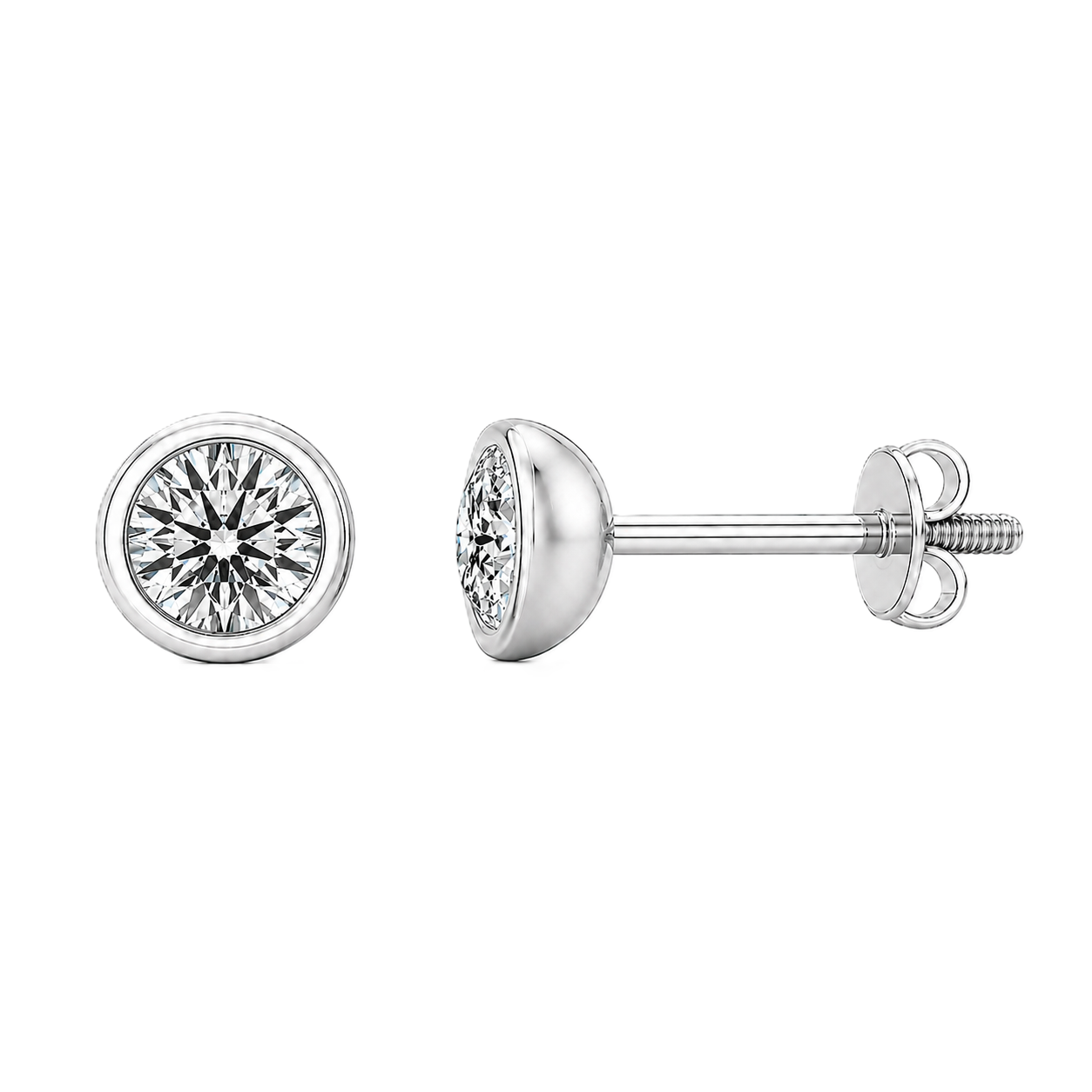 Graceful 3.8mm Moissanite stud earrings in modern bezel design, crafted in white gold-plated 925 silver with hypoallergenic comfort. Available at BSI Jewelry.
