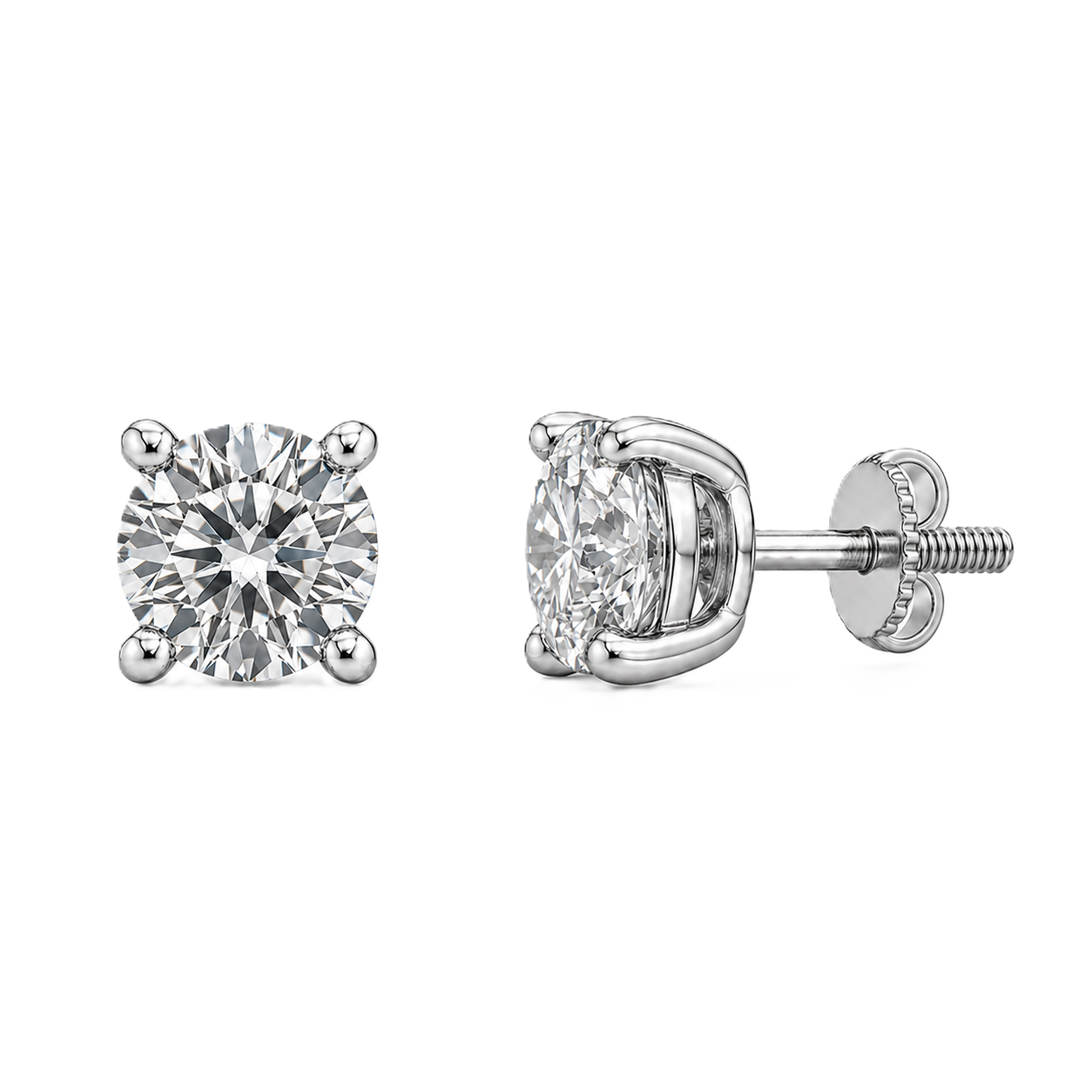 Chic 4.3mm Moissanite stud earrings in 4-prong design, crafted in white gold-plated 925 silver with hypoallergenic comfort. Available now at BSI Jewelry.