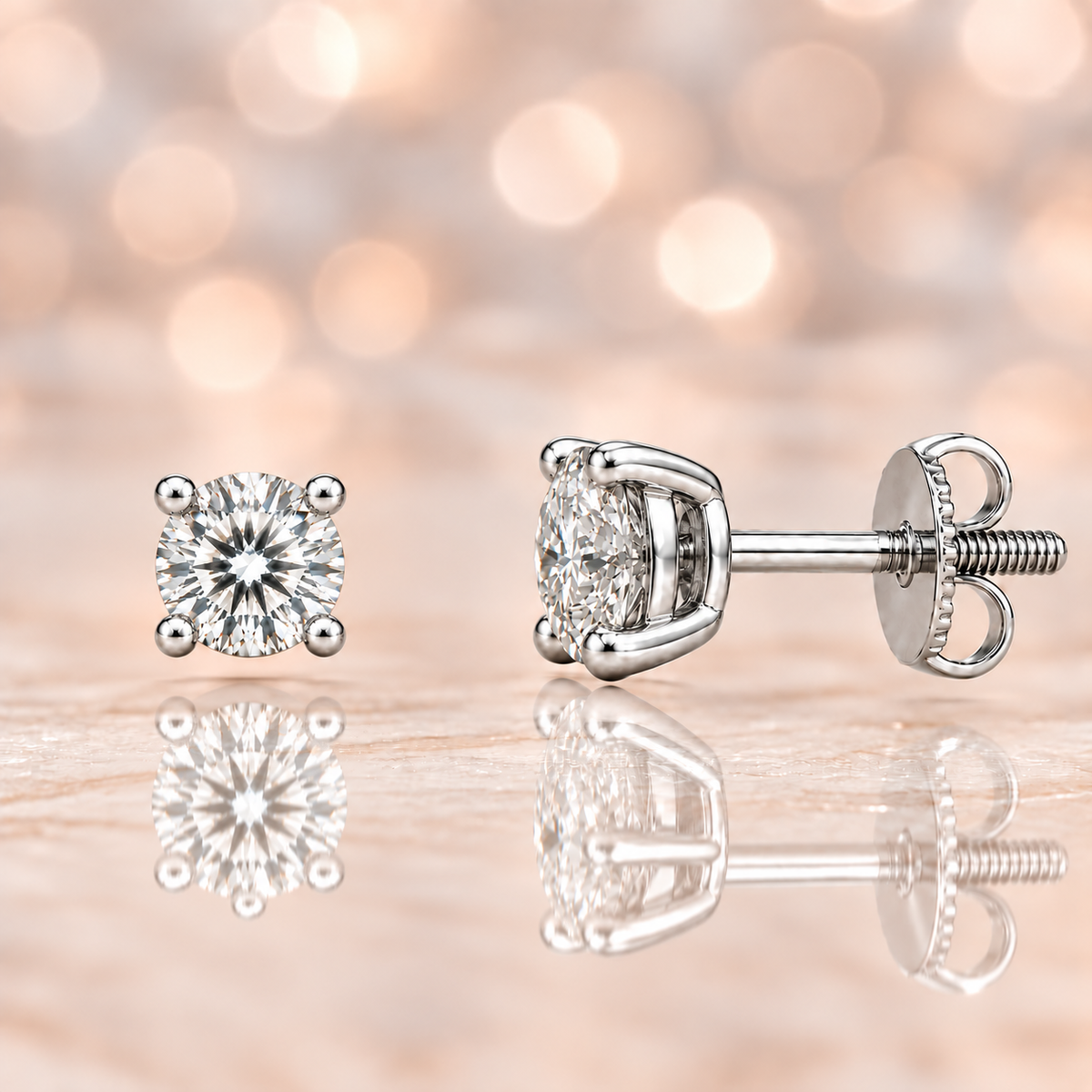 Chic 4.3mm Moissanite stud earrings in 4-prong design, crafted in white gold-plated 925 silver with hypoallergenic comfort. Available now at BSI Jewelry.