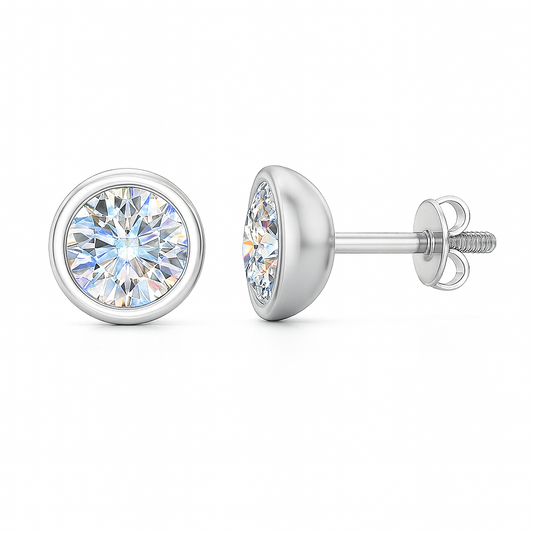 Chic 4.3mm Moissanite stud earrings in refined bezel design, crafted in white gold-plated 925 silver with hypoallergenic comfort. Available now at BSI Jewelry.