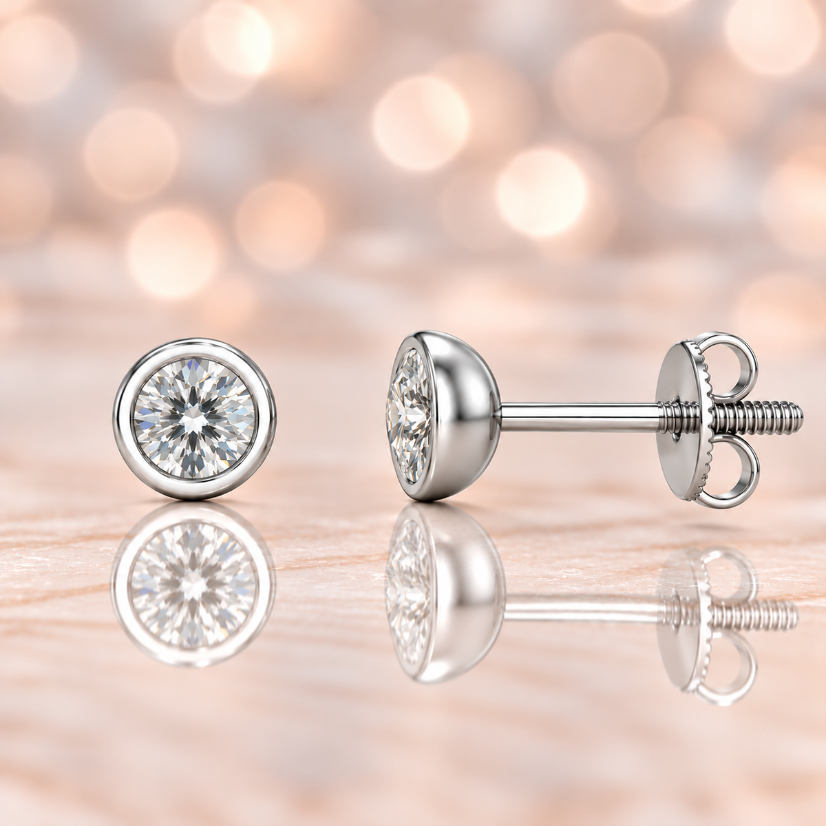 Chic 4.3mm Moissanite stud earrings in refined bezel design, crafted in white gold-plated 925 silver with hypoallergenic comfort. Available now at BSI Jewelry.
