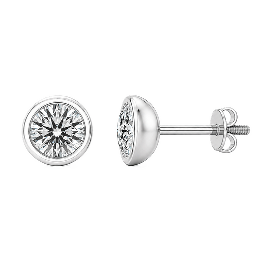 Chic 4.3mm Moissanite stud earrings in refined bezel design, crafted in white gold-plated 925 silver with hypoallergenic comfort. Available now at BSI Jewelry.