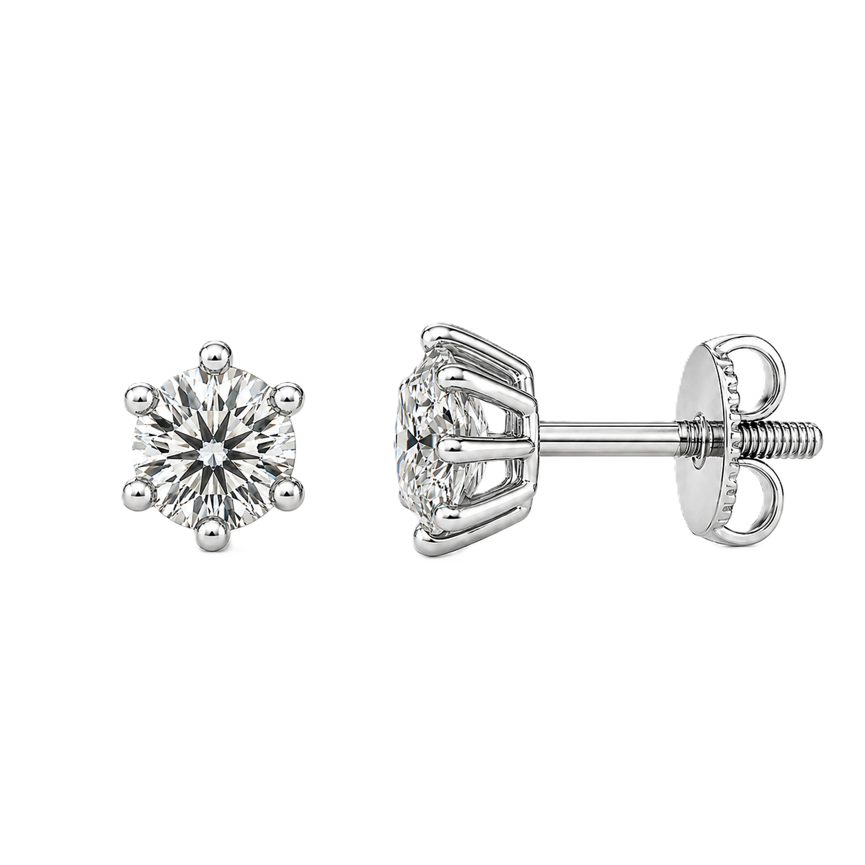 Moissanite stud earrings, 4.30 mm round cut, crafted in white gold-plated 925 silver with palladium alloy, hypoallergenic and safe to wear. Now at BSI Jewelry.