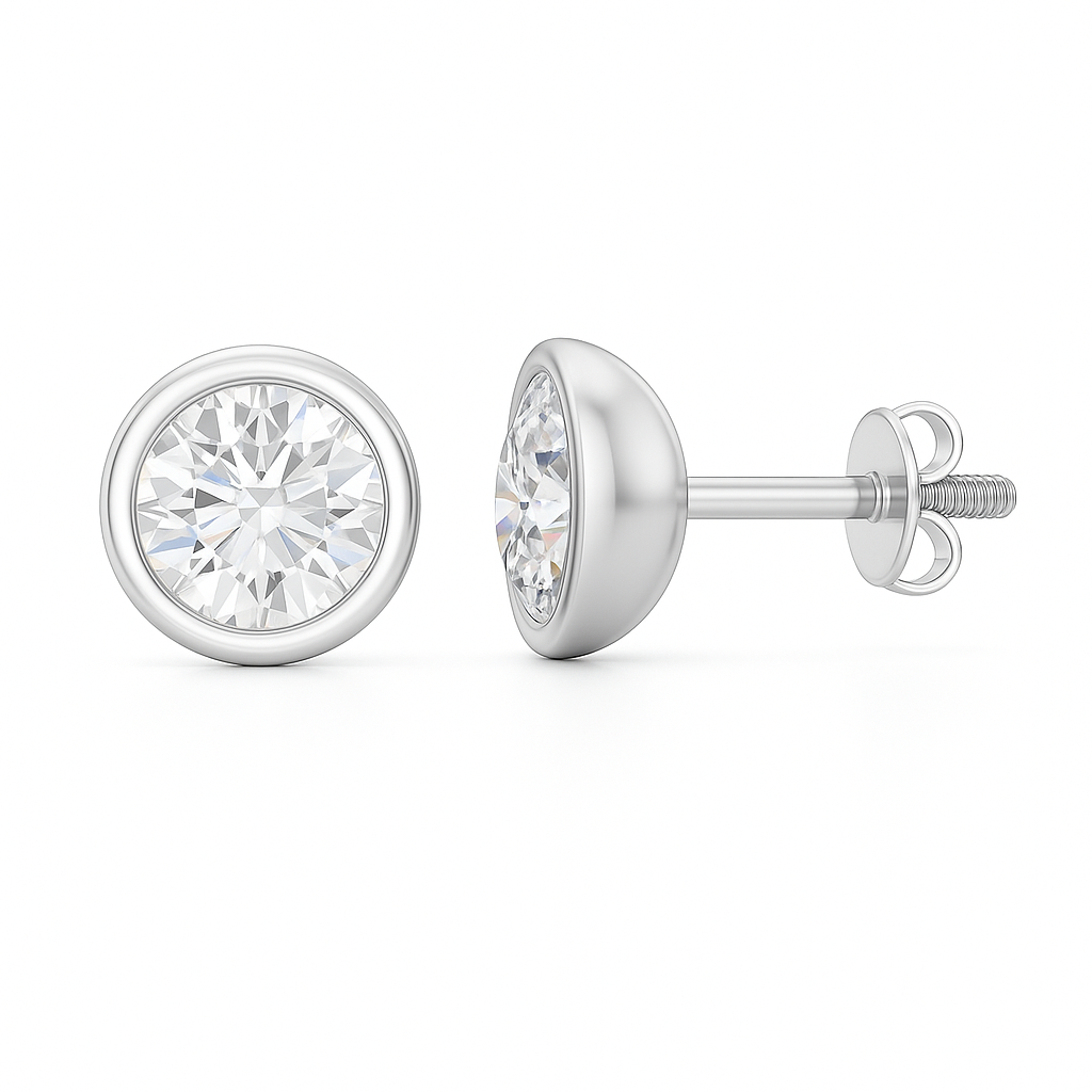Moissanite stud earrings with 4.5 mm round stones in sleek bezel setting, crafted in white gold-plated 925 silver. Modern and elegant. Available at BSI Jewelry.