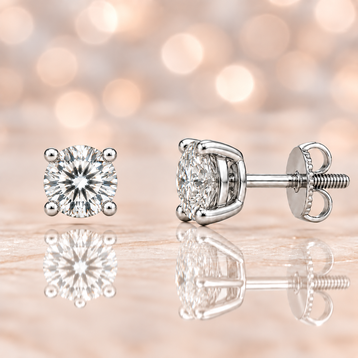 Moissanite stud earrings with 4.8 mm round stones in 4-prong setting, crafted in white gold-plated 925 silver. Elegant brilliance. Available at BSI Jewelry.