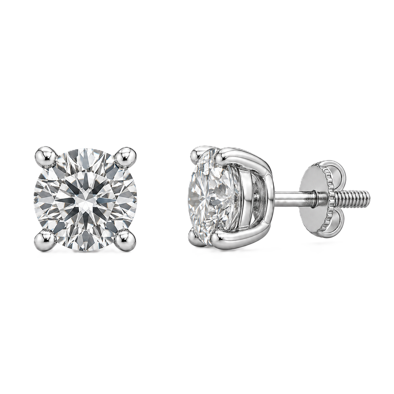 Moissanite stud earrings with 4.8 mm round stones in 4-prong setting, crafted in white gold-plated 925 silver. Elegant brilliance. Available at BSI Jewelry.