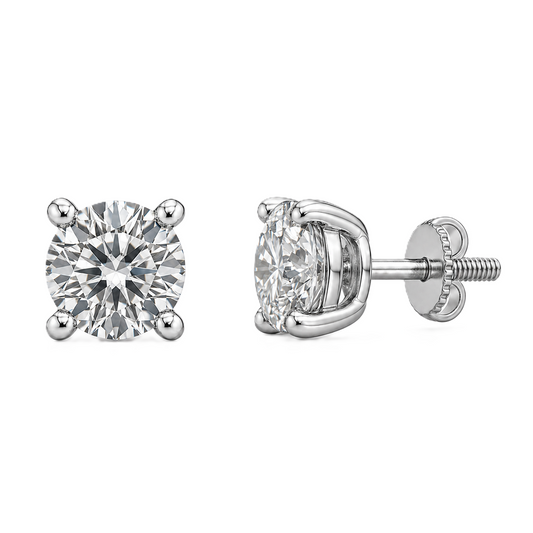 Moissanite stud earrings with 4.8 mm round stones in 4-prong setting, crafted in white gold-plated 925 silver. Elegant brilliance. Available at BSI Jewelry.