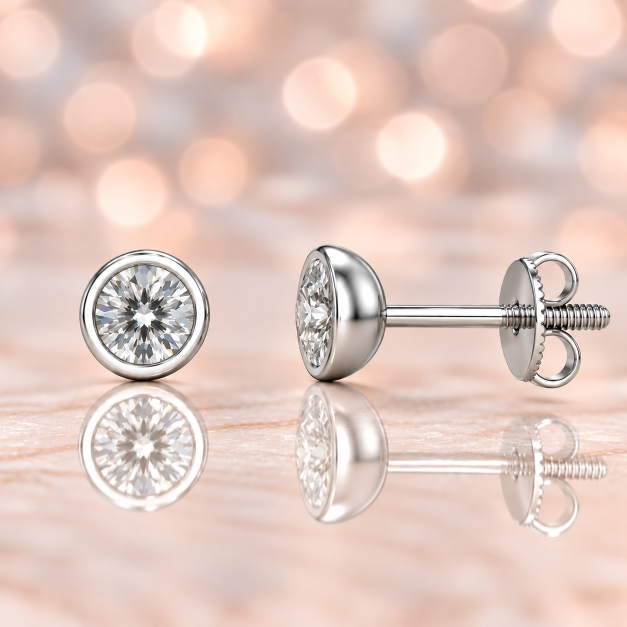 Moissanite stud earrings with 4.8 mm round stones in sleek bezel setting, crafted in white gold-plated 925 silver. Modern and elegant. Available at BSI Jewelry.