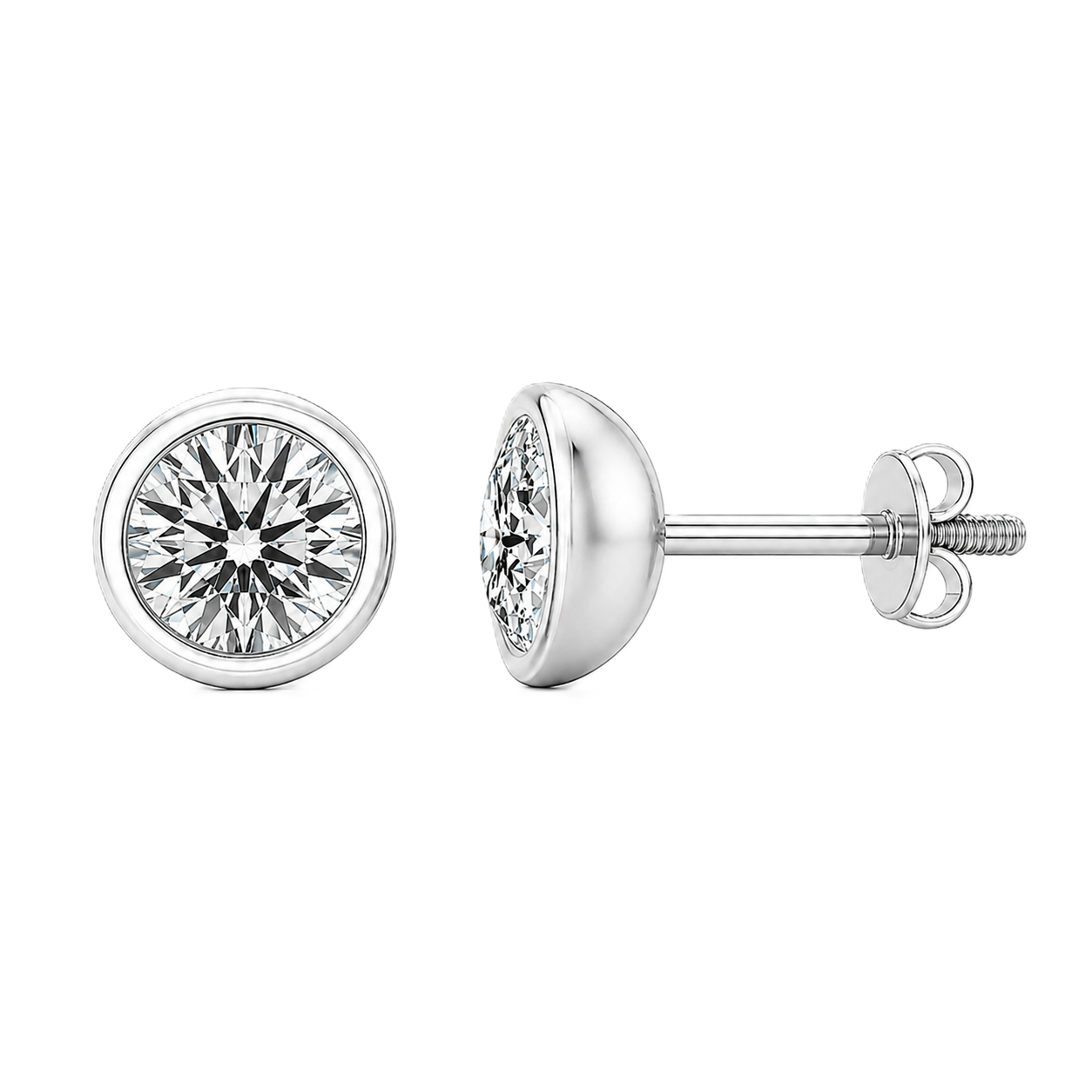 Moissanite stud earrings with 4.8 mm round stones in sleek bezel setting, crafted in white gold-plated 925 silver. Modern and elegant. Available at BSI Jewelry.