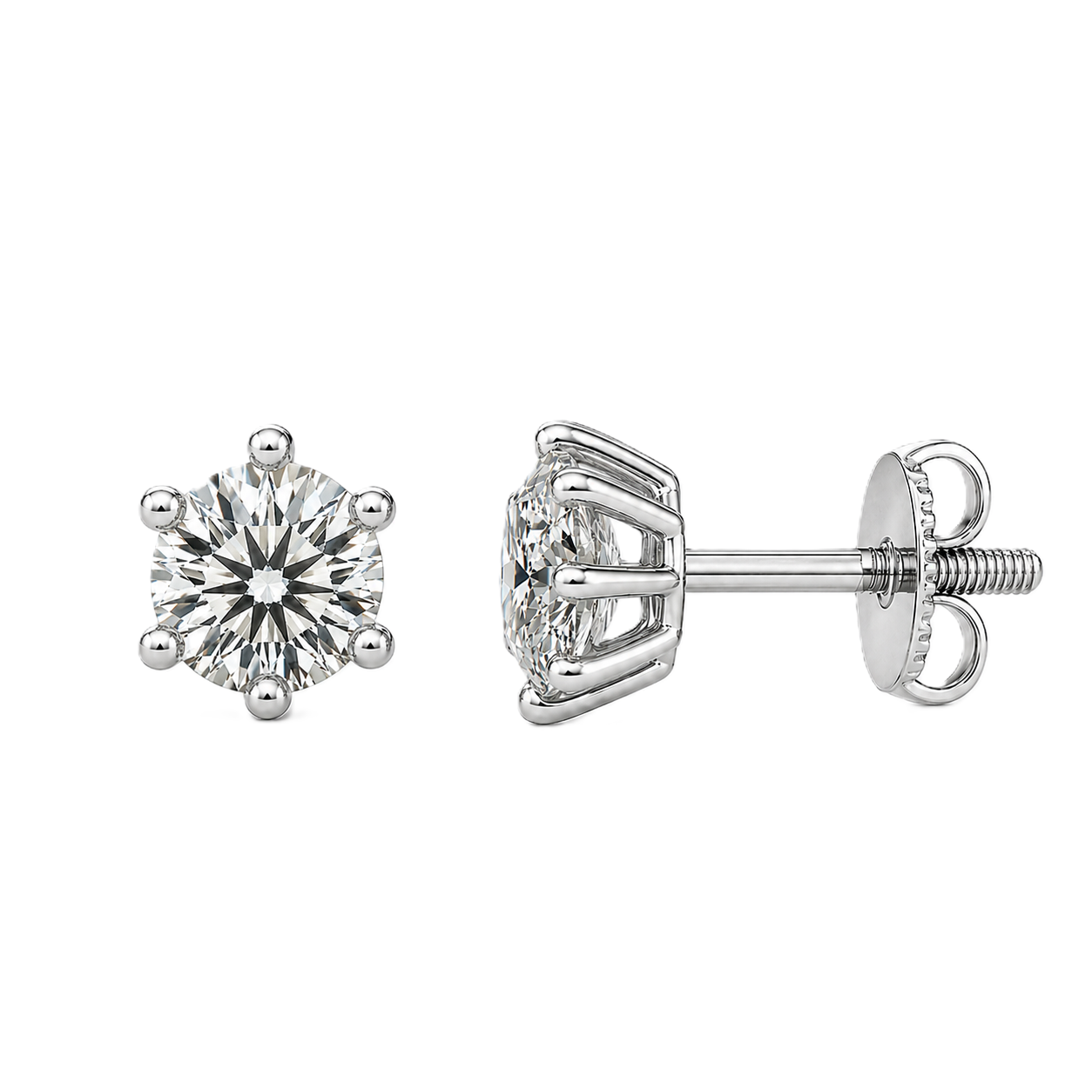 Moissanite stud earrings, 4.8 mm round cut, crafted in white gold-plated 925 silver with palladium alloy, hypoallergenic and safe to wear. Now at BSI Jewelry.