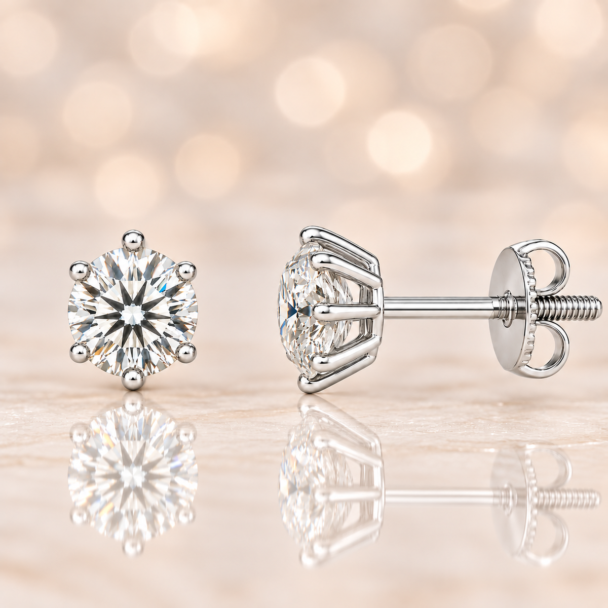 Moissanite stud earrings, 4.8 mm round cut, crafted in white gold-plated 925 silver with palladium alloy, hypoallergenic and safe to wear. Now at BSI Jewelry.