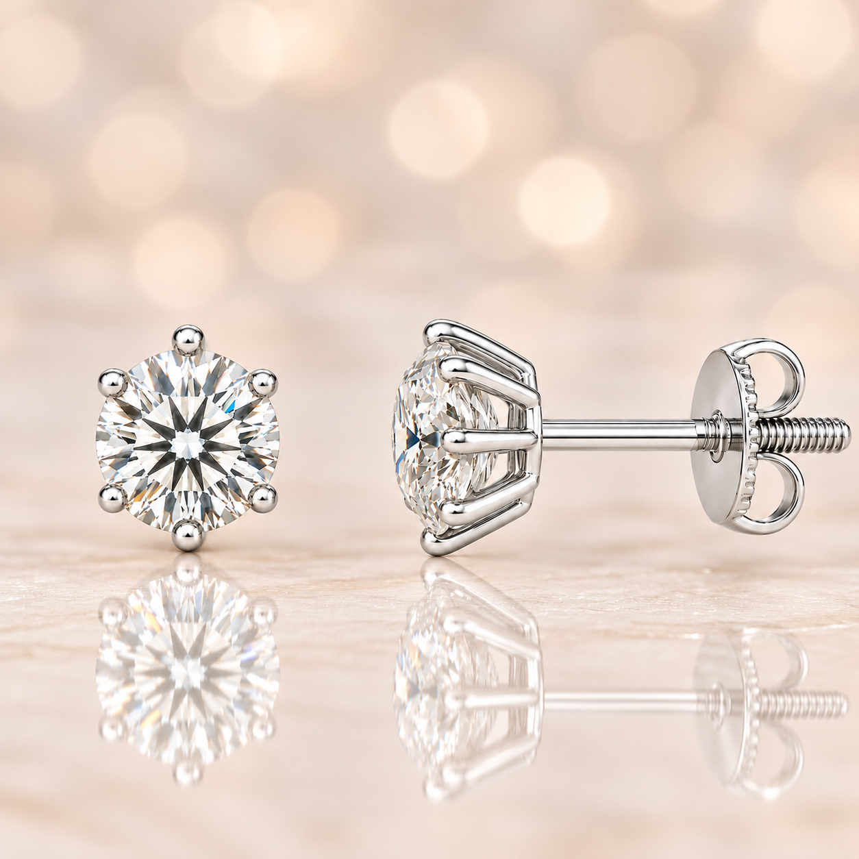 Moissanite stud earrings, 4.8 mm round cut, crafted in white gold-plated 925 silver with palladium alloy, hypoallergenic and safe to wear. Now at BSI Jewelry.