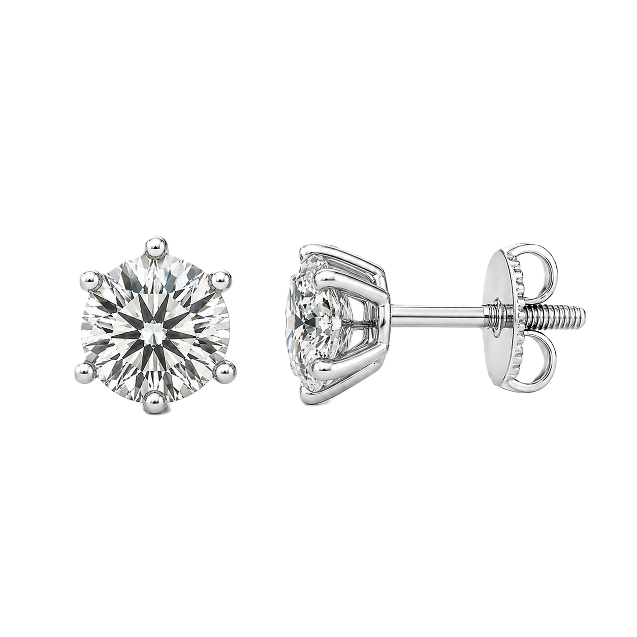 Moissanite stud earrings, 5.25 mm round cut, crafted in white gold-plated 925 silver with palladium alloy, hypoallergenic and safe to wear. Now at BSI Jewelry.