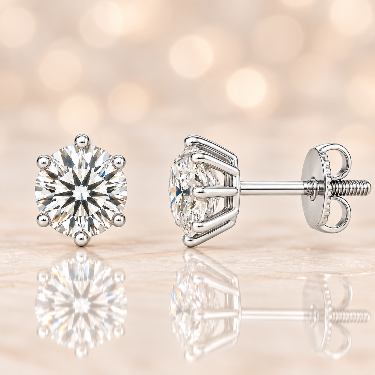Moissanite stud earrings, 5.25 mm round cut, crafted in white gold-plated 925 silver with palladium alloy, hypoallergenic and safe to wear. Now at BSI Jewelry.