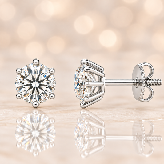 Moissanite stud earrings, 5.25 mm round cut, crafted in white gold-plated 925 silver with palladium alloy, hypoallergenic and safe to wear. Now at BSI Jewelry.