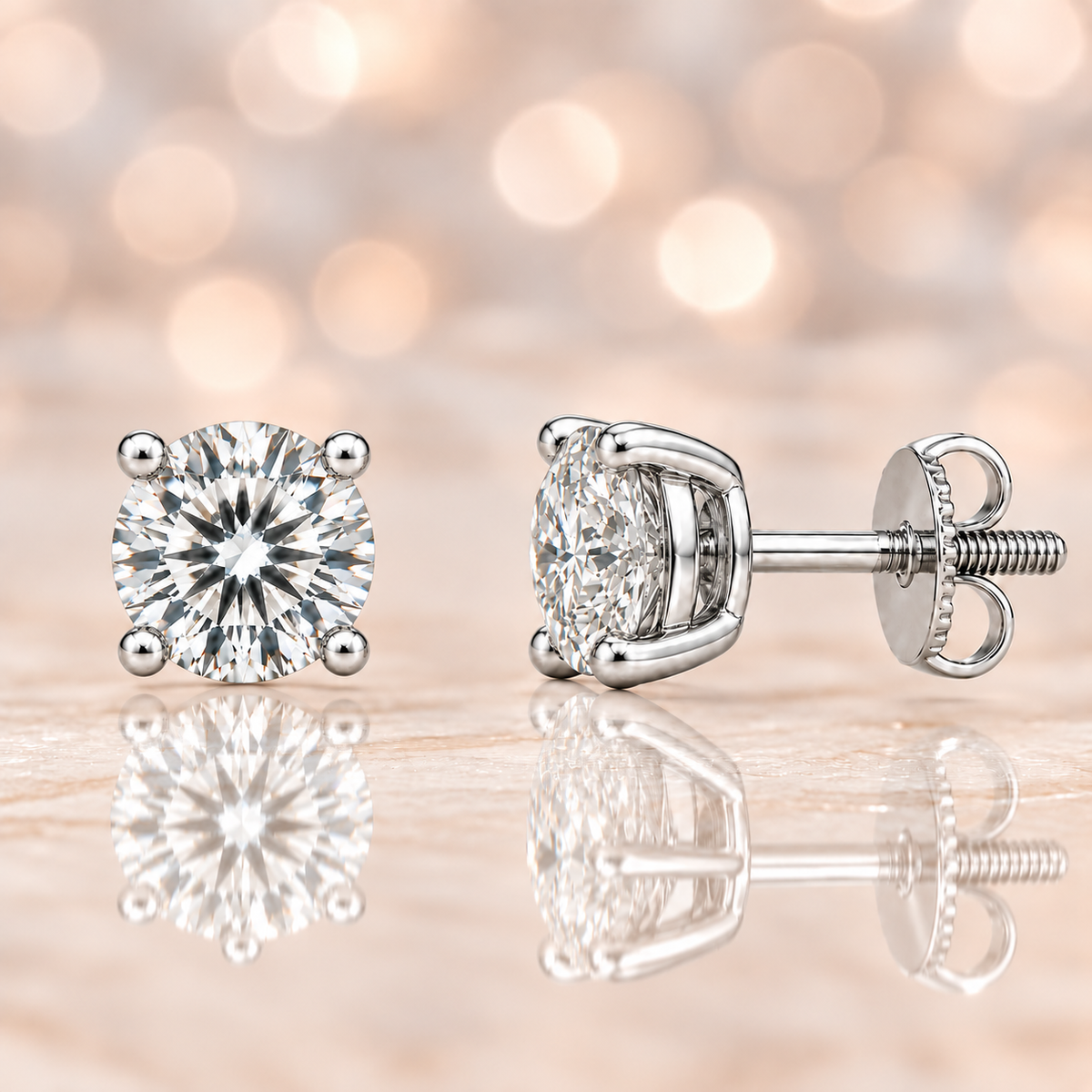 Refined 5.2mm Moissanite stud earrings in 4-prong design, crafted in white gold-plated 925 silver with hypoallergenic comfort. Available now at BSI Jewelry.