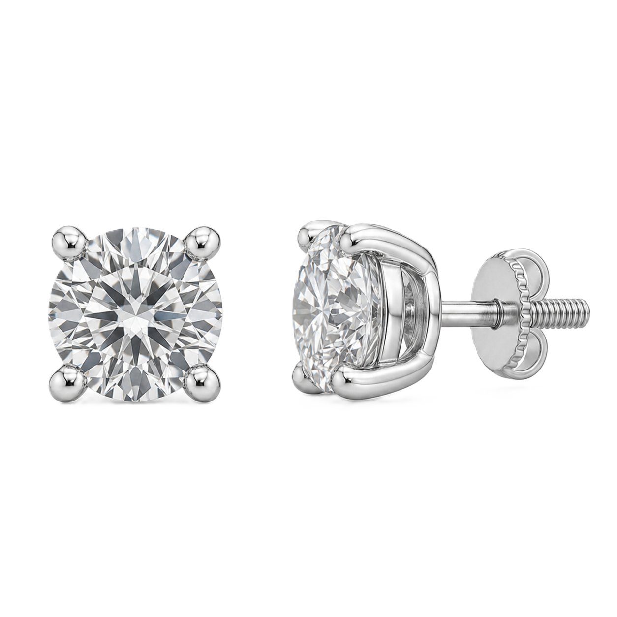 Refined 5.2mm Moissanite stud earrings in 4-prong design, crafted in white gold-plated 925 silver with hypoallergenic comfort. Available now at BSI Jewelry.