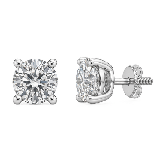 Refined 5.2mm Moissanite stud earrings in 4-prong design, crafted in white gold-plated 925 silver with hypoallergenic comfort. Available now at BSI Jewelry.