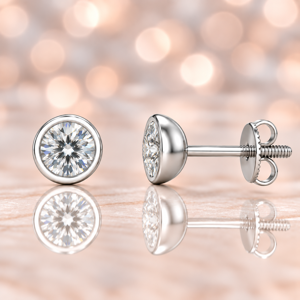 Elegant 5.2mm Moissanite stud earrings in modern bezel design, crafted in white gold-plated 925 silver with hypoallergenic comfort. Available at BSI Jewelry.