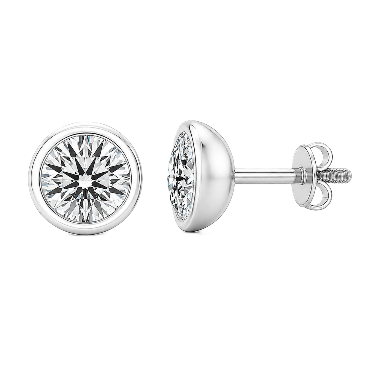 Elegant 5.2mm Moissanite stud earrings in modern bezel design, crafted in white gold-plated 925 silver with hypoallergenic comfort. Available at BSI Jewelry.