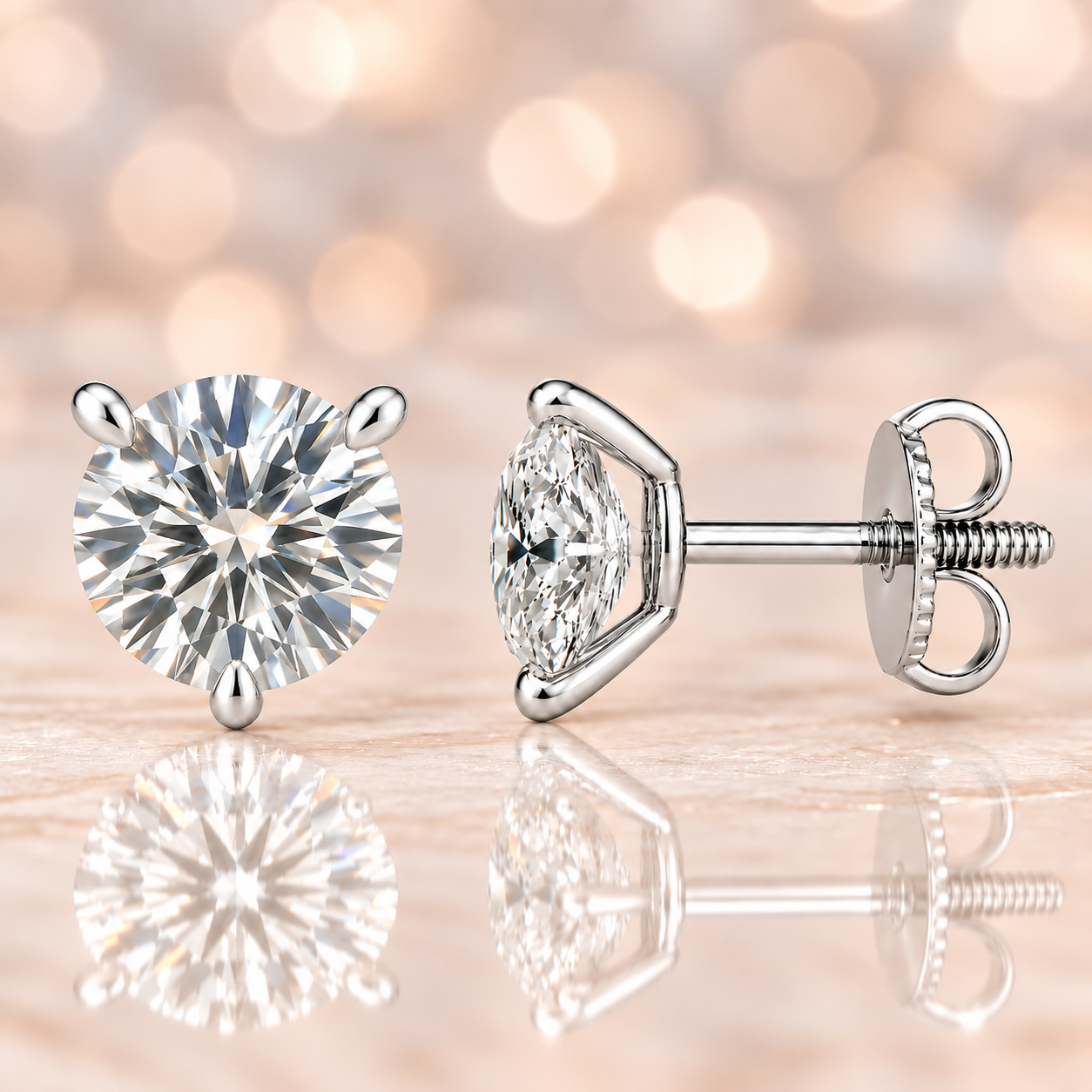 Moissanite stud earrings with 6.5 mm round stones in 3-prong setting, crafted in white gold-plated 925 silver. Elegant sparkle. Available now at BSI Jewelry.