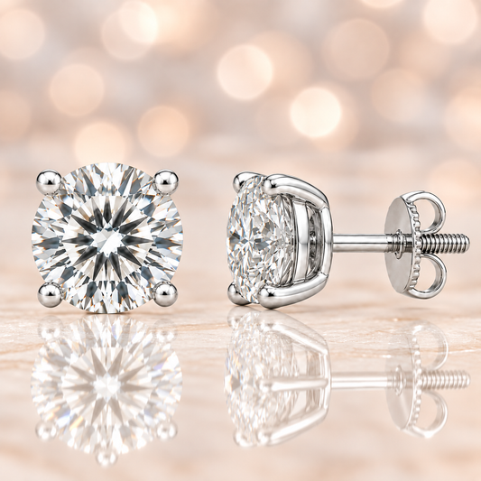 Brilliant 6.5mm Moissanite stud earrings in 4-prong design, crafted in white gold-plated 925 silver with hypoallergenic comfort. Available now at BSI Jewelry.