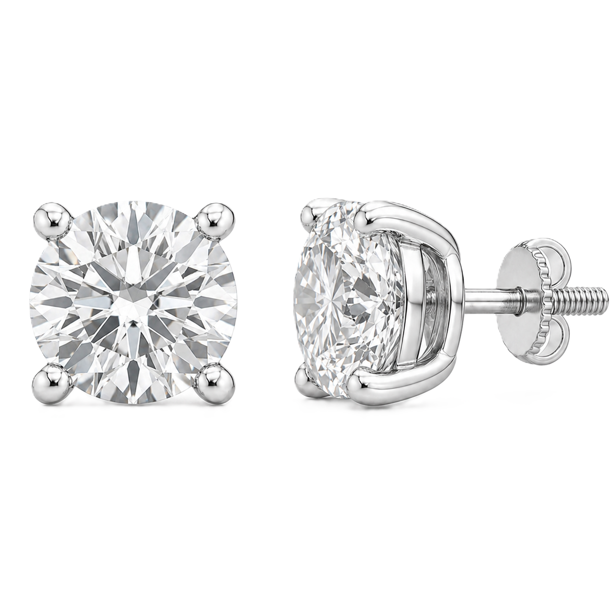 Brilliant 6.5mm Moissanite stud earrings in 4-prong design, crafted in white gold-plated 925 silver with hypoallergenic comfort. Available now at BSI Jewelry.